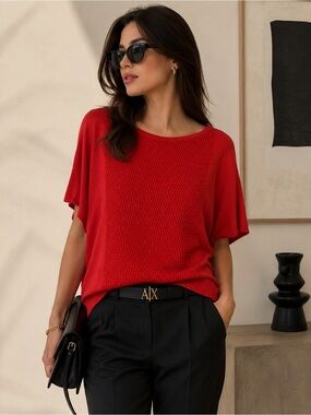 Armani Exchange Red Knit-Front Short Sleeve Top